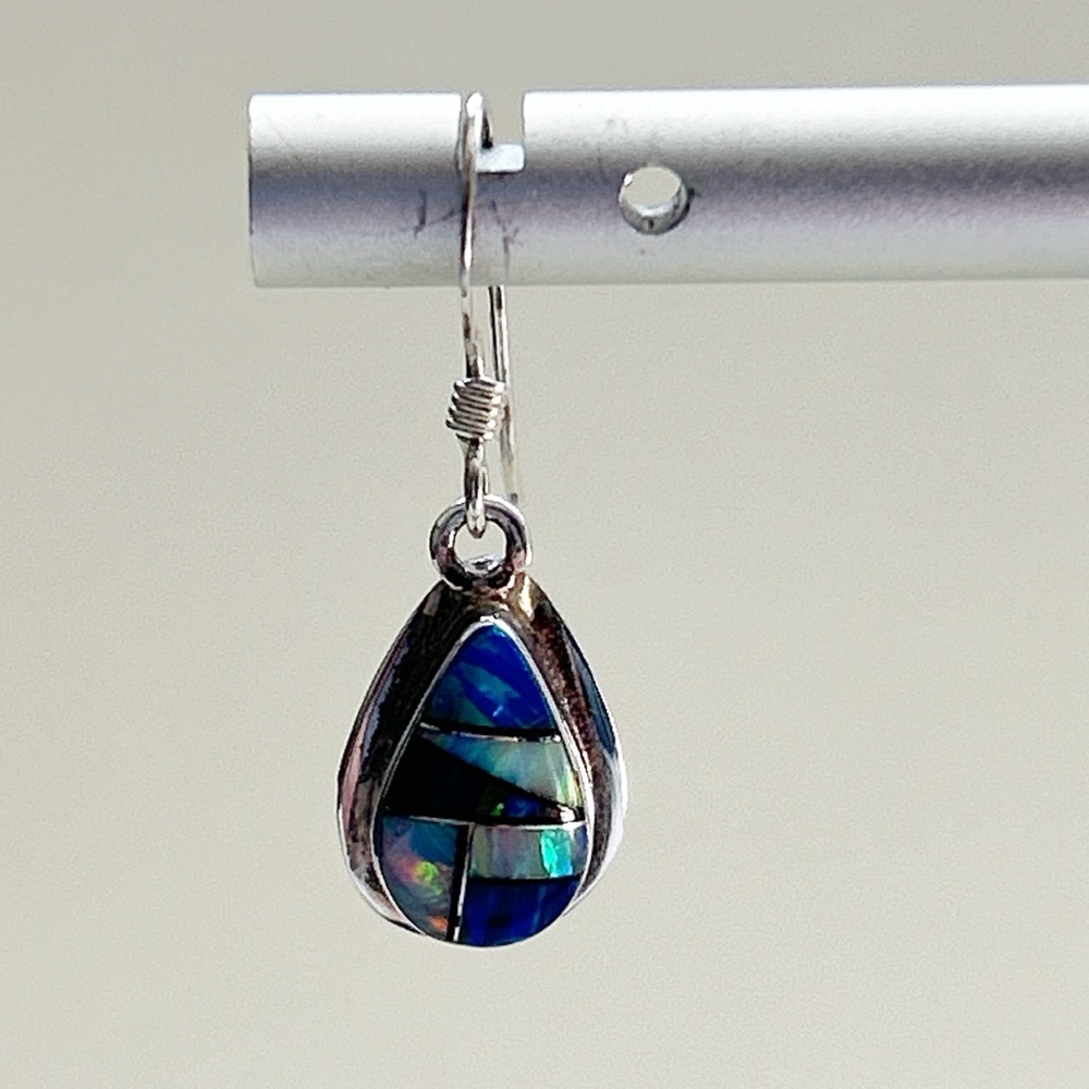 Signed Southwestern Opal Inlay Sterling Silver Teardrop Earrings - Picture 4 of 10